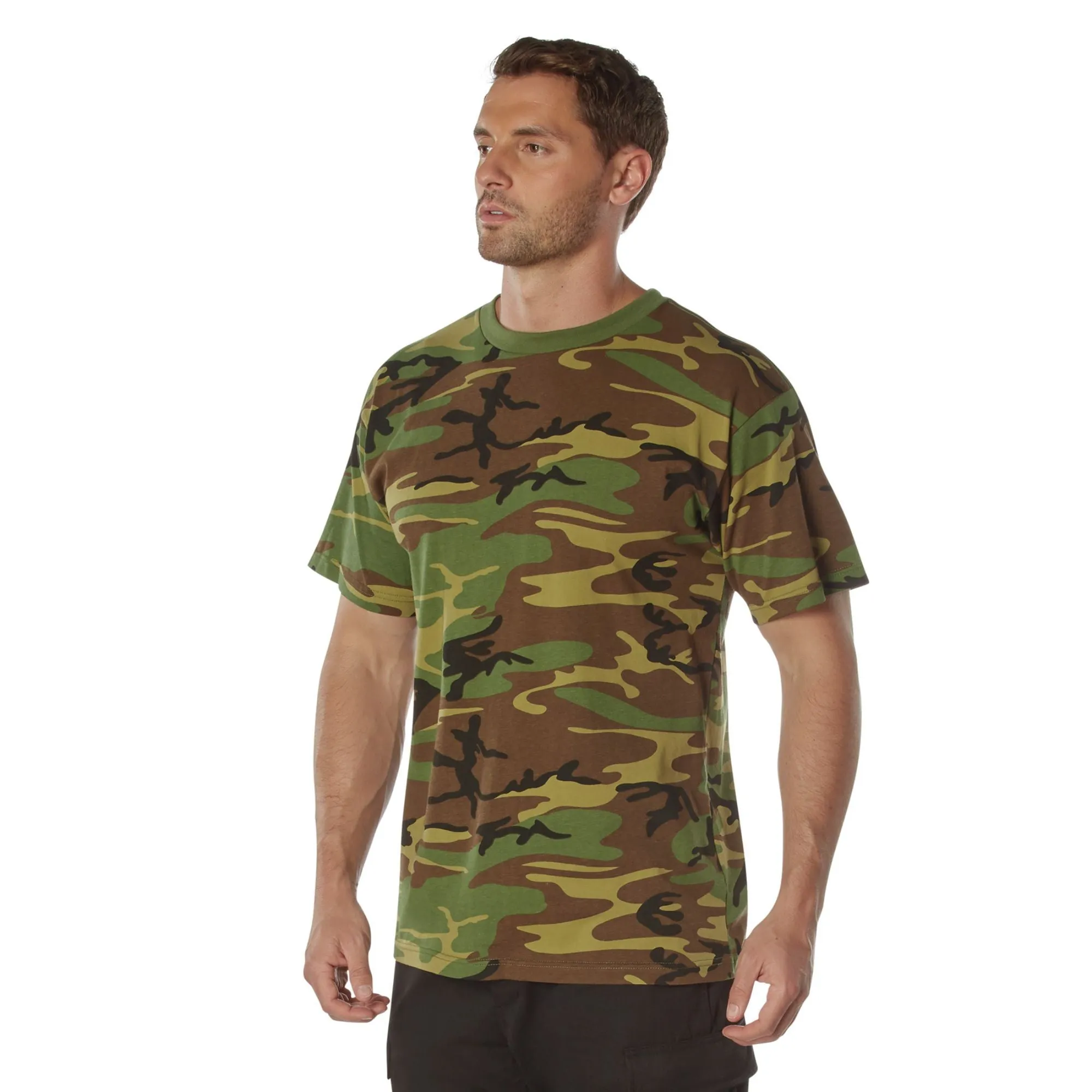 100% Cotton 5oz. Camouflage Short Sleeve T-Shirt Army Fashion Standard Fit Crewneck Tee- Woodland Camo