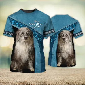 3D Dog T Shirts, Long Haired Pyrenean Shepherd Blue Love Never Walk Alone All Over Print T-Shirt, Gift For Pet Loves