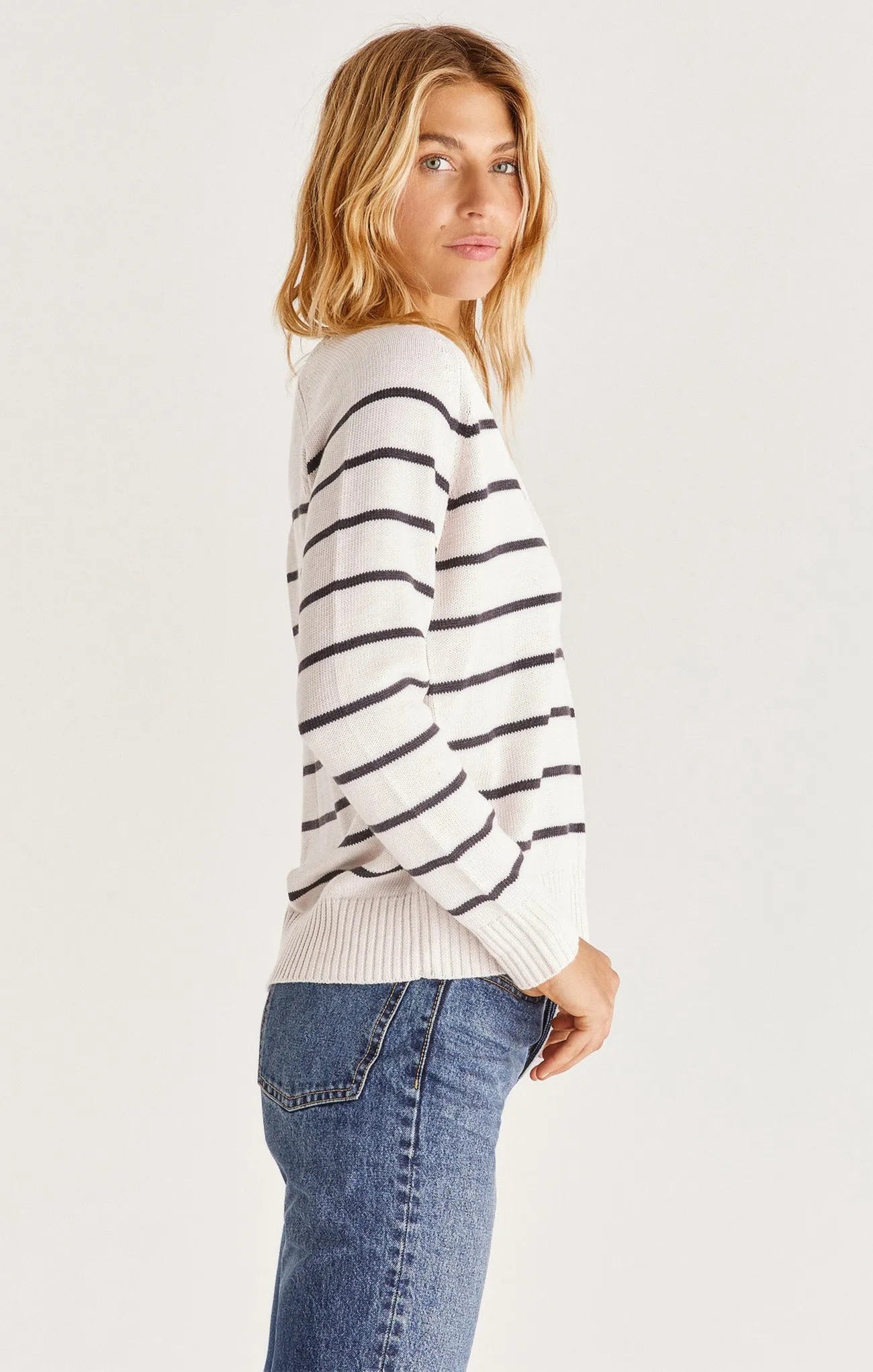 Chic Andi Stripe Pattern, Henley-Style, Relaxed Fit Sweater.