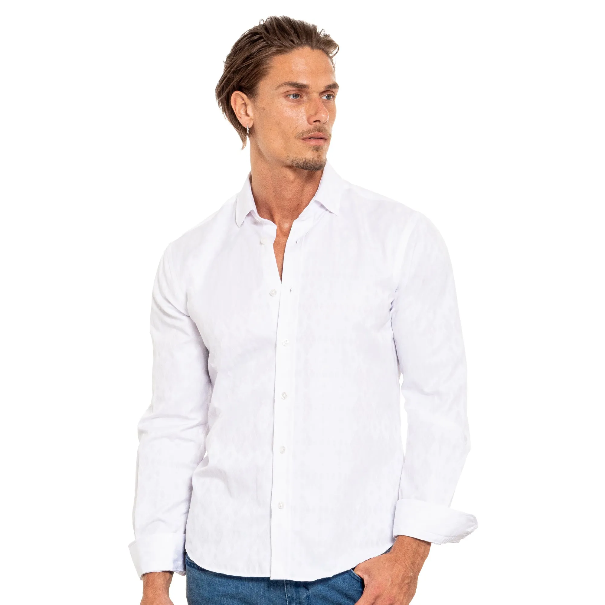 Argyle Jacquard Button Down Shirt - White