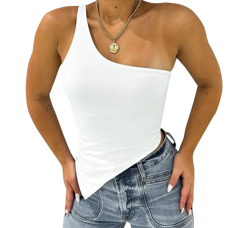 Basic One Shoulder Backless Crop Top White Black Asymmetrical Tank Top