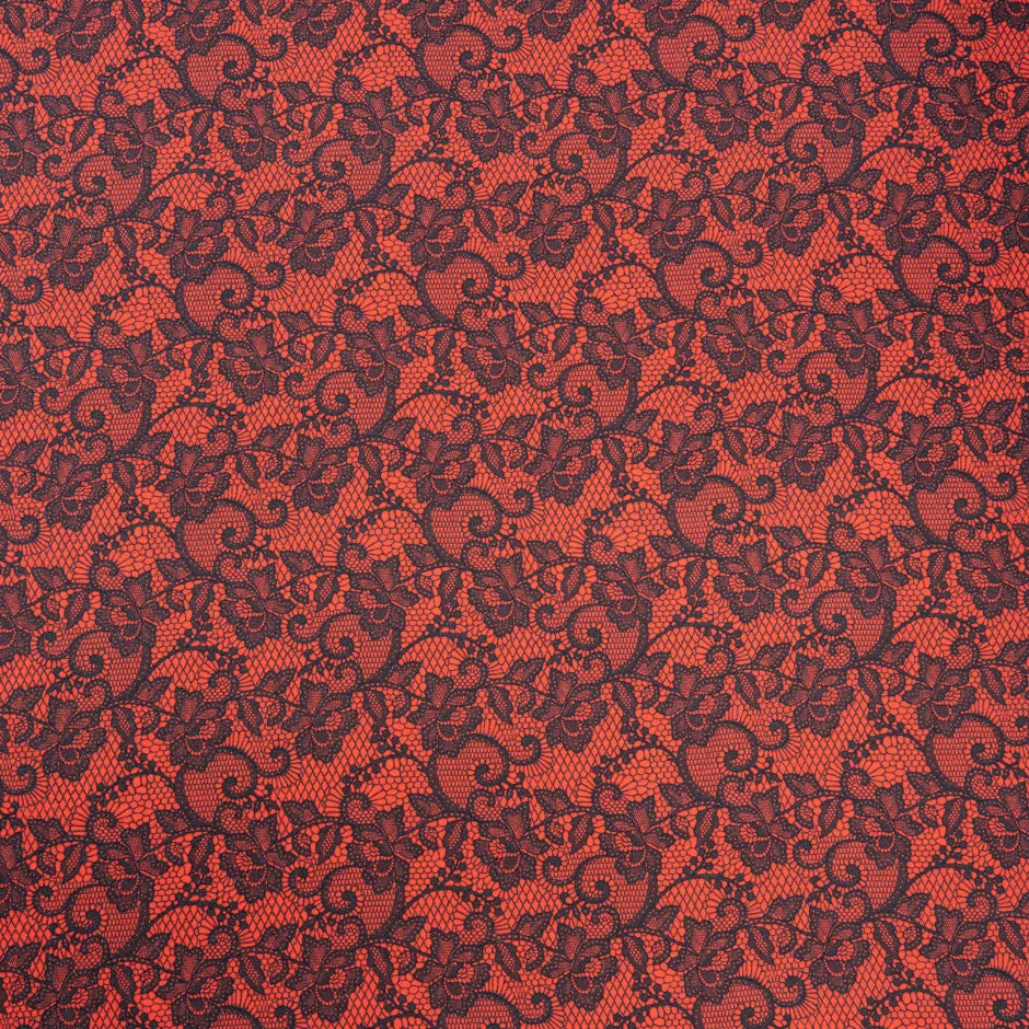 Black Lace Printed Deep Red Pure Silk Twill