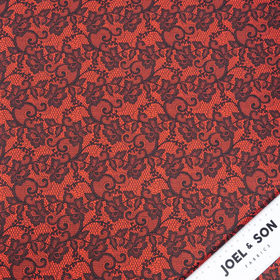 Black Lace Printed Deep Red Pure Silk Twill