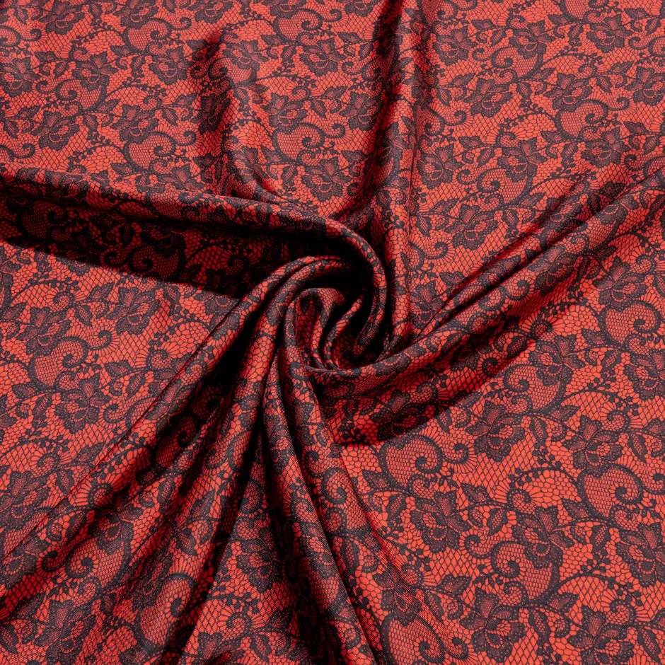 Black Lace Printed Deep Red Pure Silk Twill