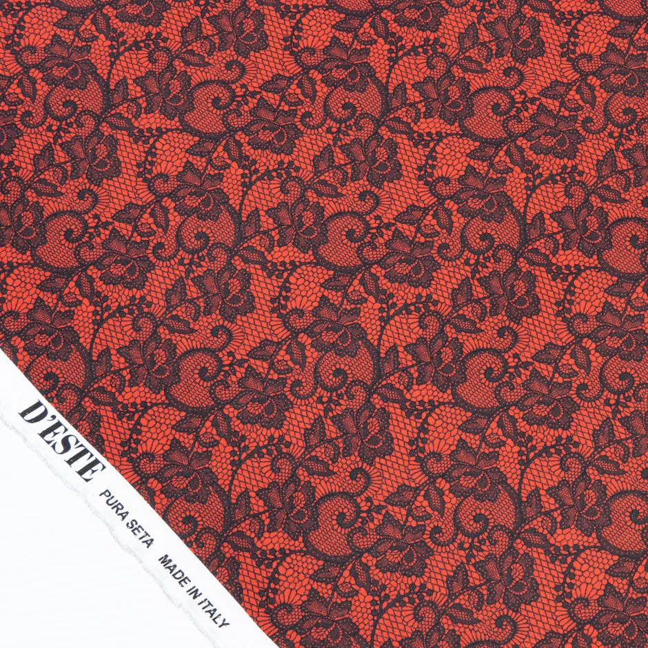 Black Lace Printed Deep Red Pure Silk Twill