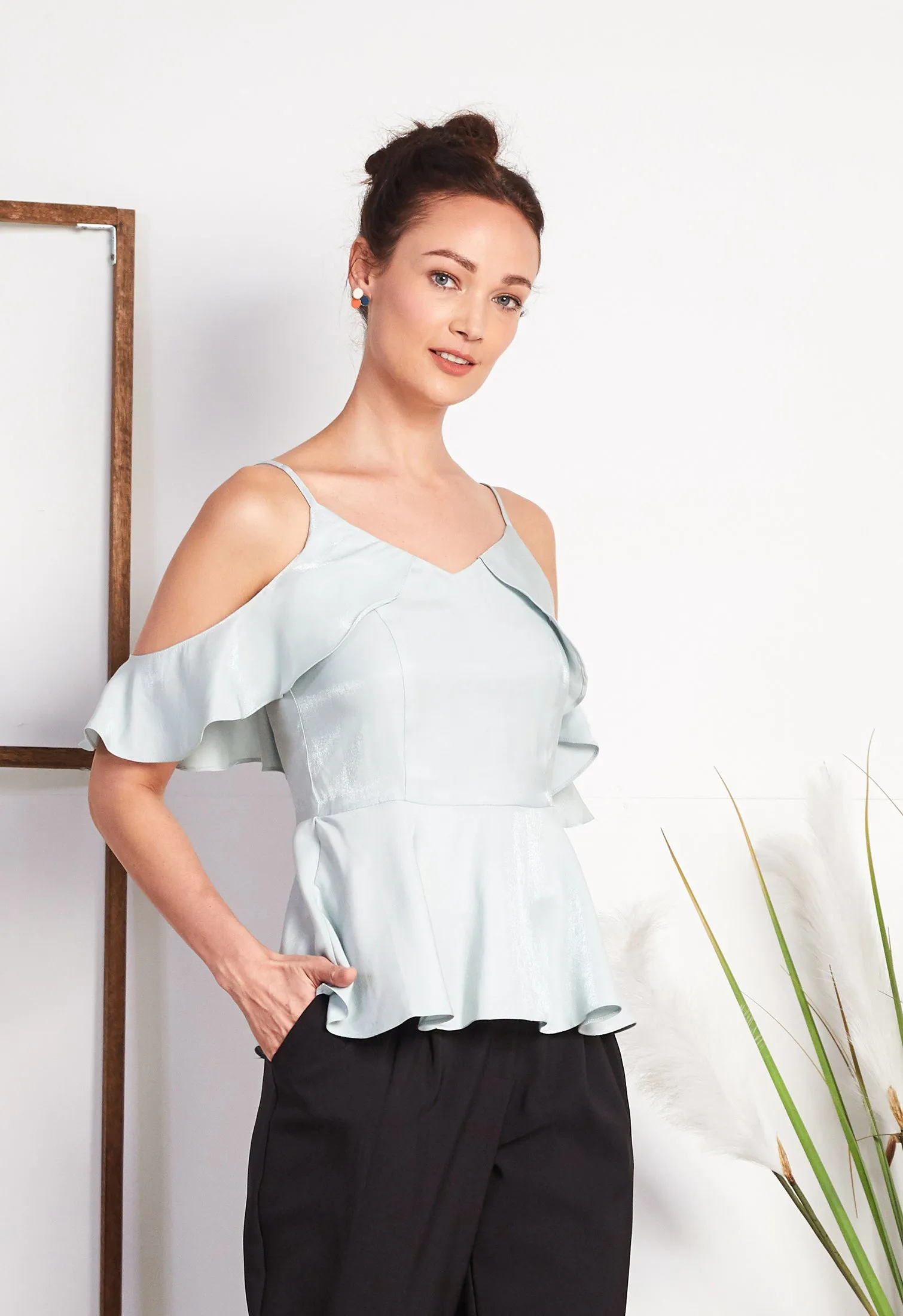 Cold Shoulder Scalloped Sleeve Peplum Top