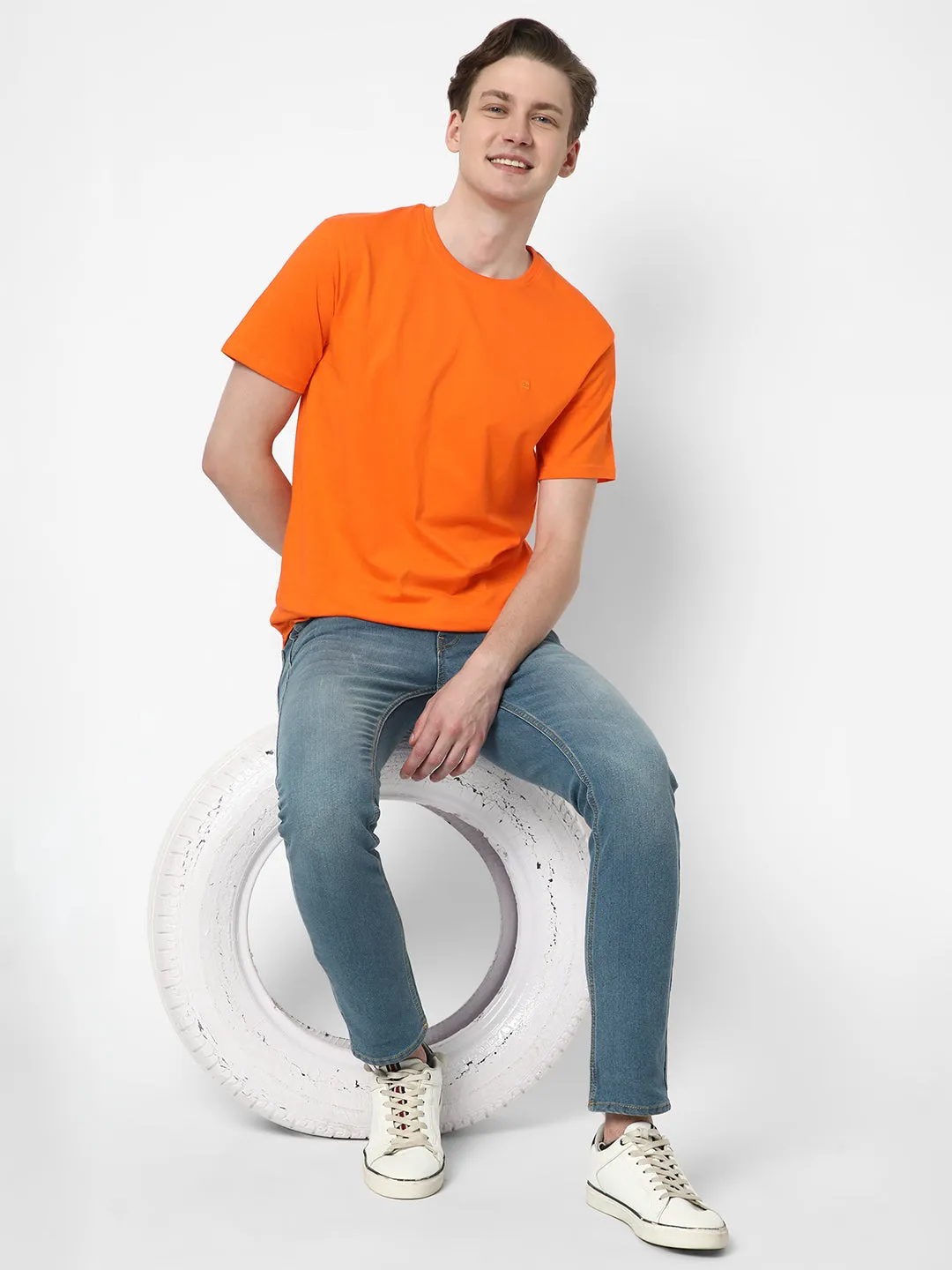 Cotstyle Cotton Fabrics Round Neck Short Length Plain Half Sleeve Casual & Daily Wear Men's T-Shirts -  Pack of 1 - Orange