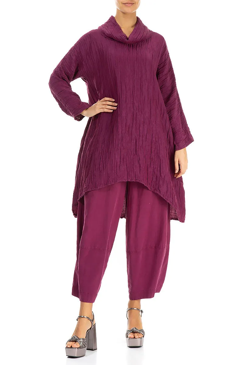 Cowl Neck Asymmetric Crinkled Berry Silk Tunic