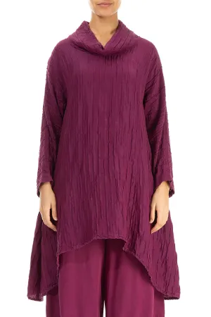 Cowl Neck Asymmetric Crinkled Berry Silk Tunic