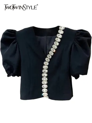 deanwangkt Elegant Black Shirt For Women V Neck Puff Sleeve Patchwork Diamonds Blouses Female Summer Clothing Style Fashion