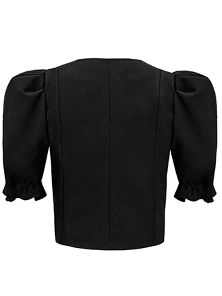 deanwangkt Elegant Black Shirt For Women V Neck Puff Sleeve Patchwork Diamonds Blouses Female Summer Clothing Style Fashion