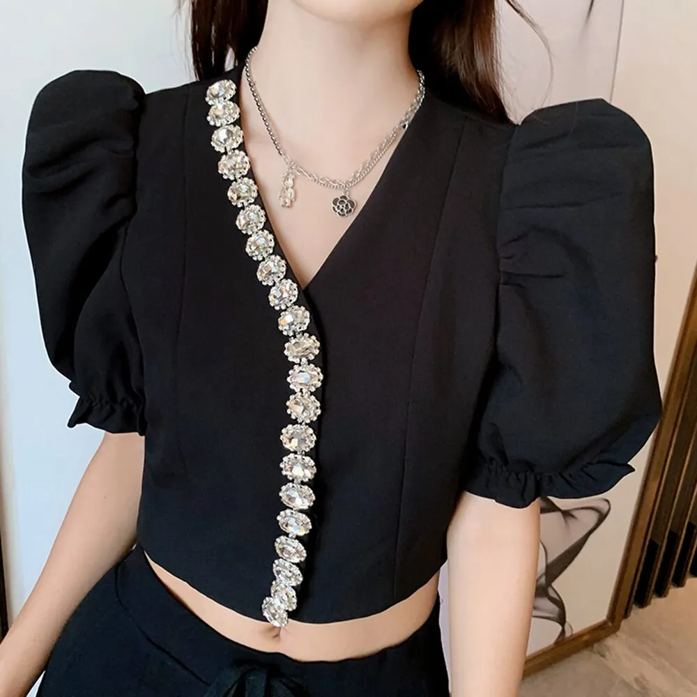 deanwangkt Elegant Black Shirt For Women V Neck Puff Sleeve Patchwork Diamonds Blouses Female Summer Clothing Style Fashion