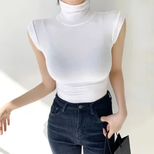 Elegant Turtleneck Sleeveless Women Office Lady White Tees Tank Top