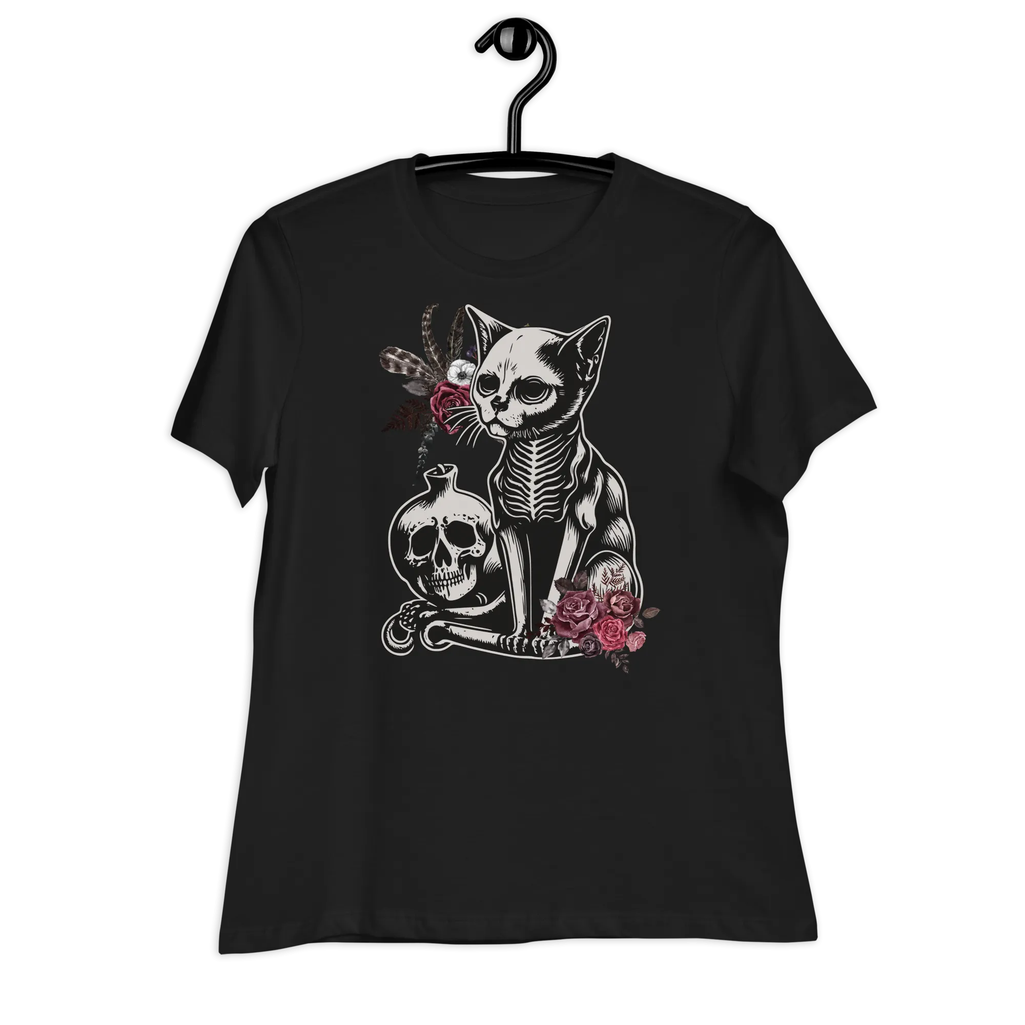 Goth Cat and Skull Relaxed T-shirt, Goth T-shirt, Witchy T-shirt, Goth Clothing, Witchy Clothing