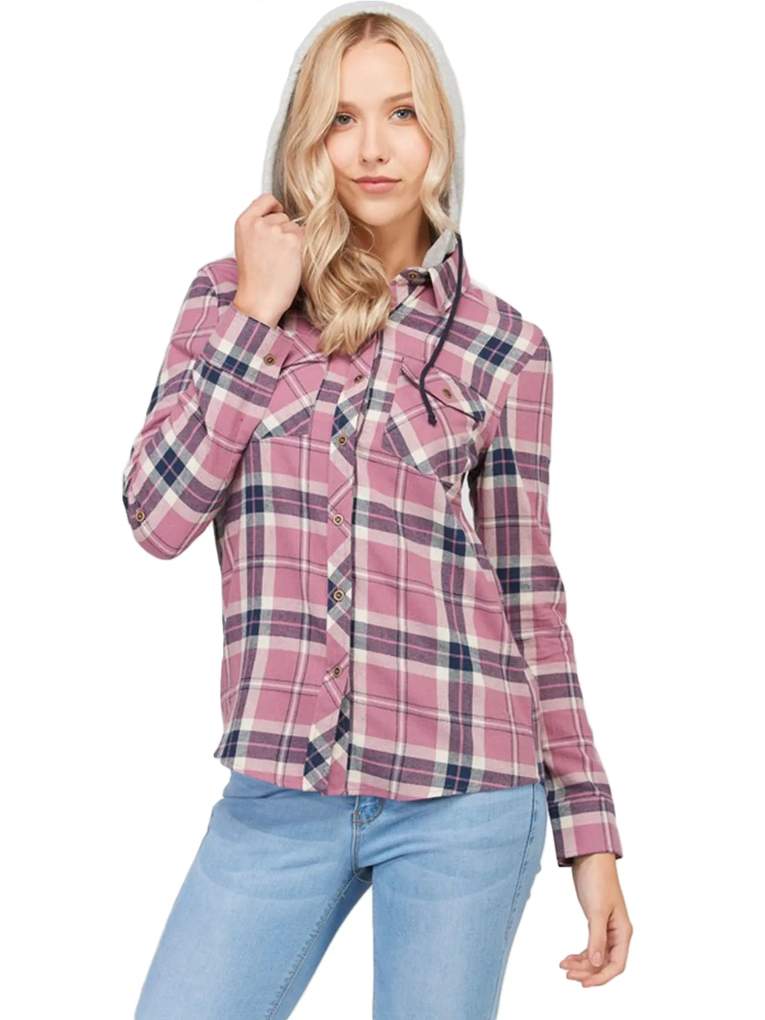 KOGMO Womens Plaid Button Down Shirts with Detachable Knit Hoodie