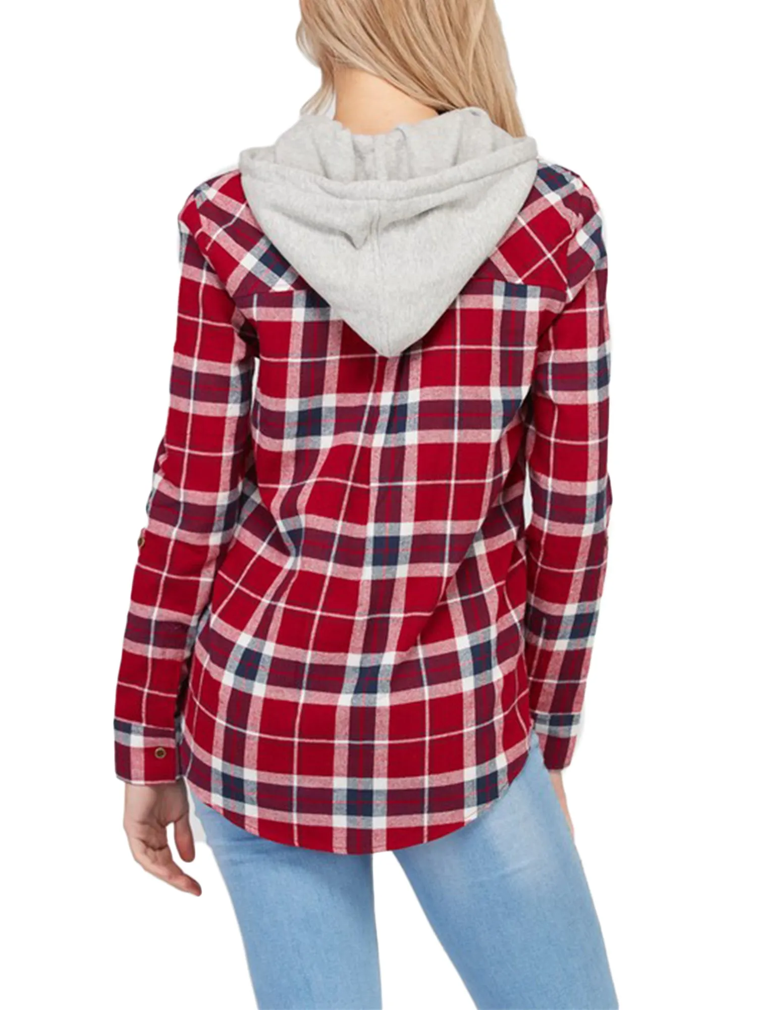 KOGMO Womens Plaid Button Down Shirts with Detachable Knit Hoodie