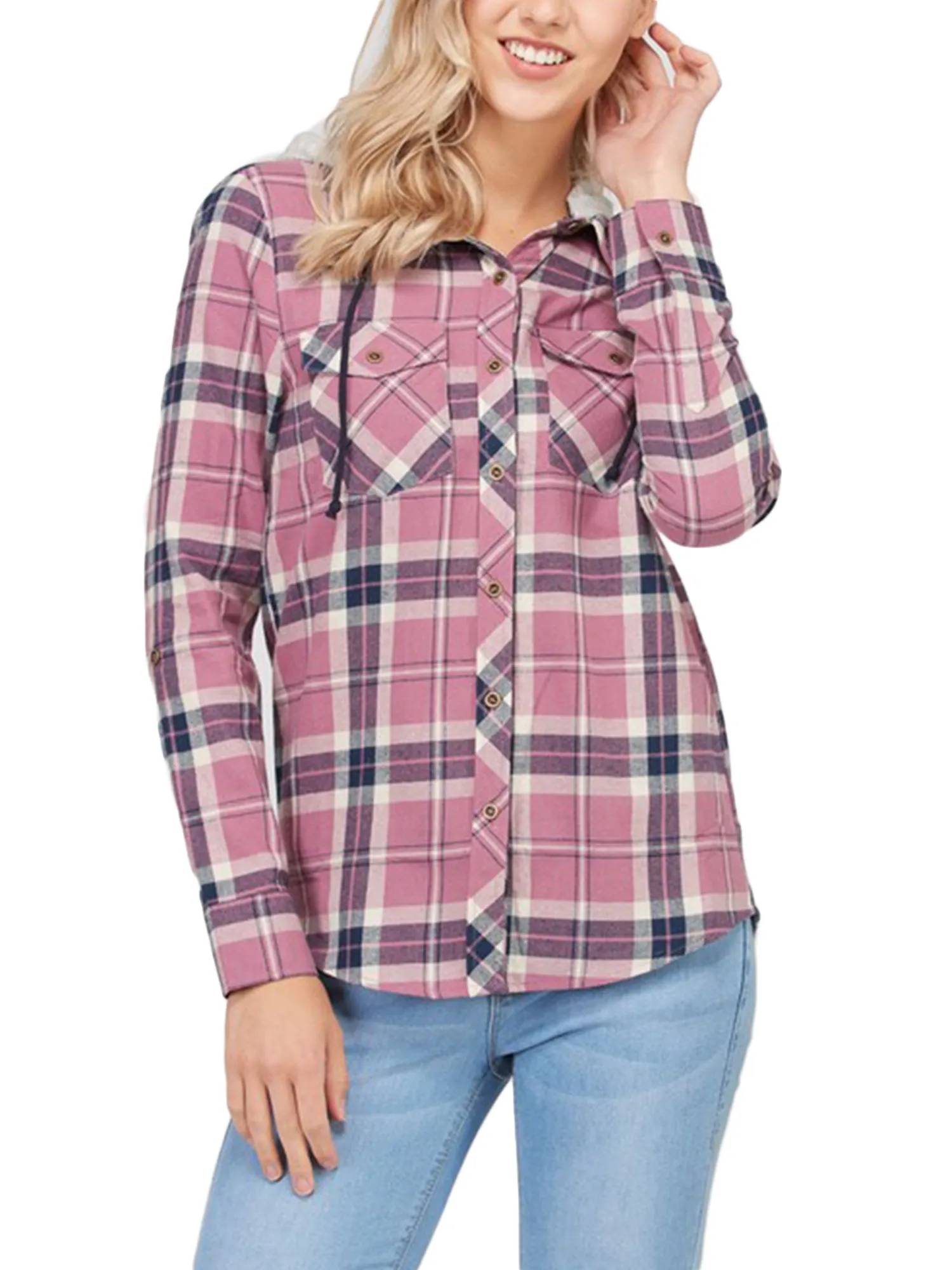 KOGMO Womens Plaid Button Down Shirts with Detachable Knit Hoodie