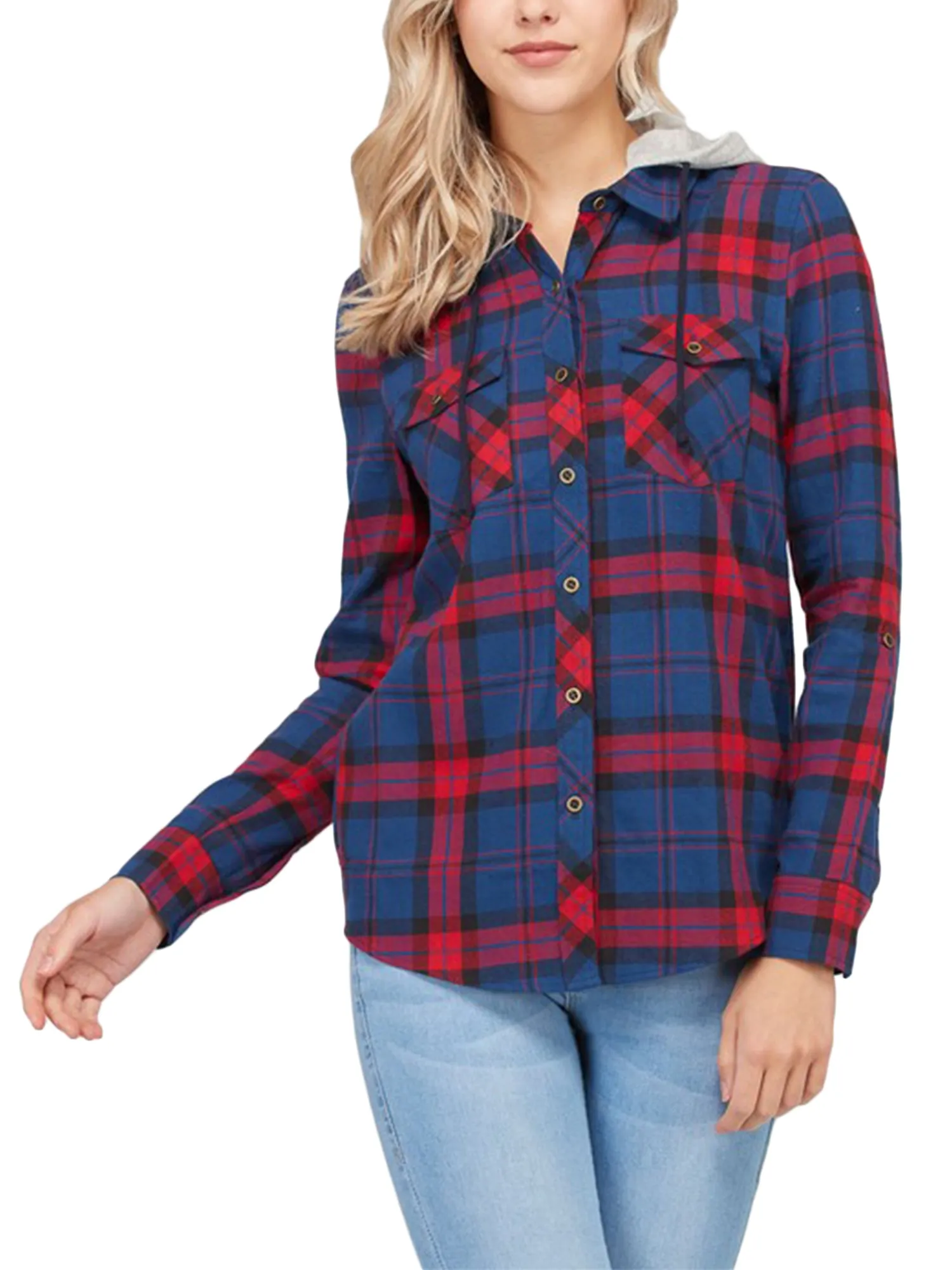 KOGMO Womens Plaid Button Down Shirts with Detachable Knit Hoodie