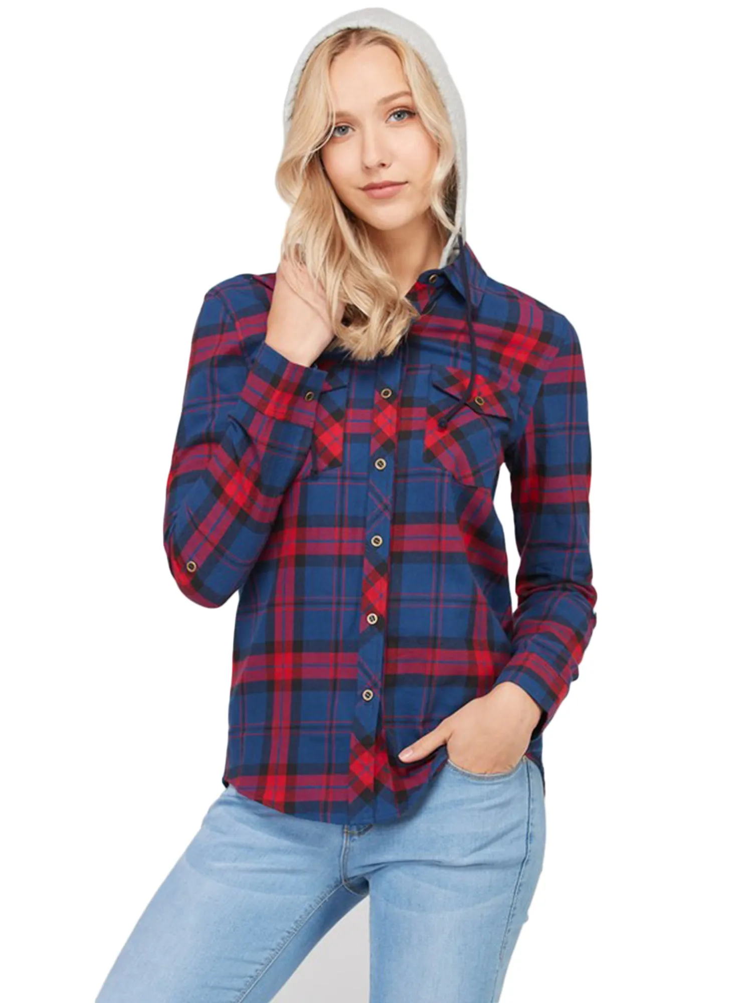 KOGMO Womens Plaid Button Down Shirts with Detachable Knit Hoodie