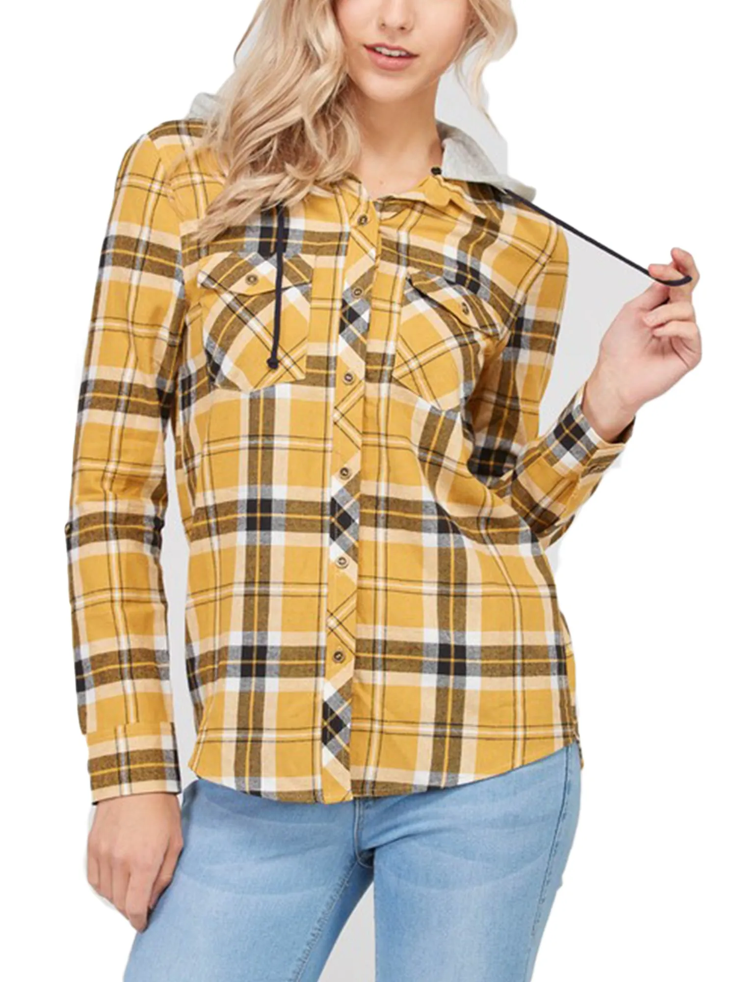 KOGMO Womens Plaid Button Down Shirts with Detachable Knit Hoodie