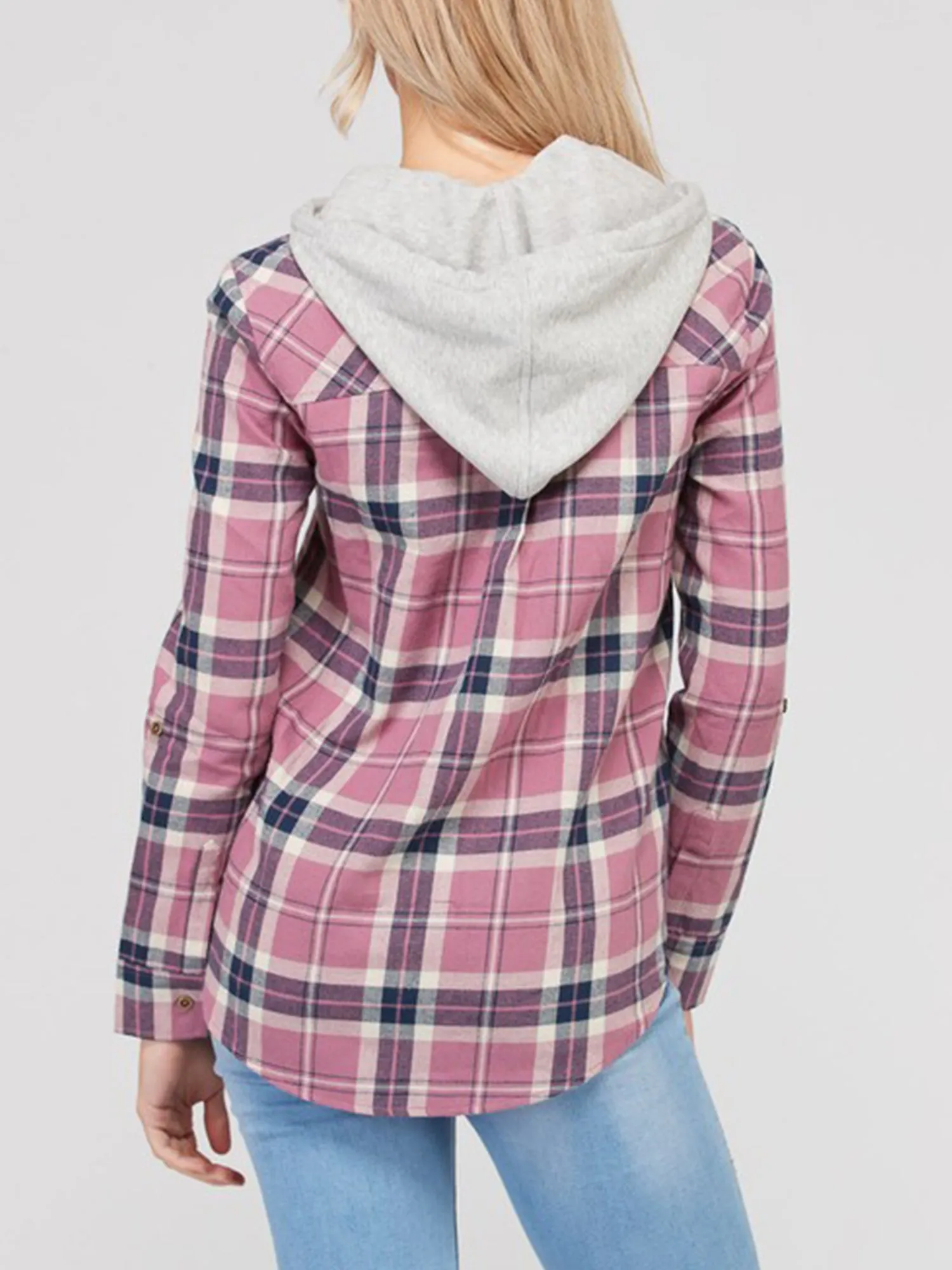 KOGMO Womens Plaid Button Down Shirts with Detachable Knit Hoodie