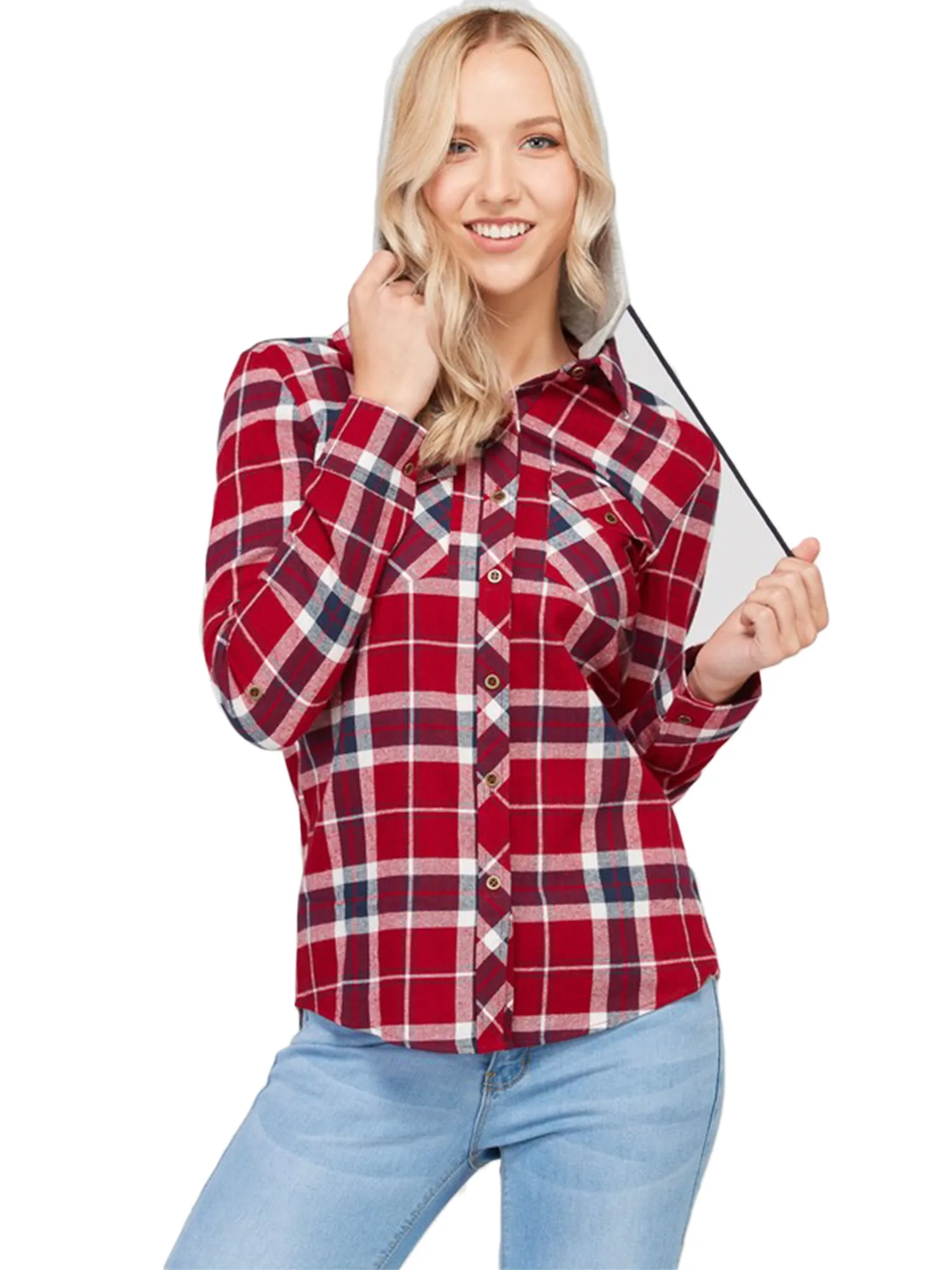 KOGMO Womens Plaid Button Down Shirts with Detachable Knit Hoodie