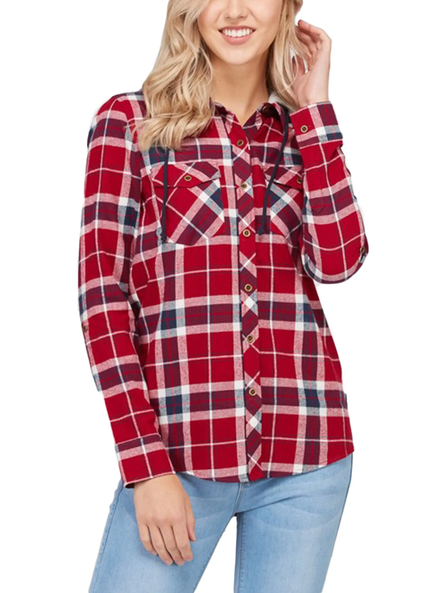 KOGMO Womens Plaid Button Down Shirts with Detachable Knit Hoodie