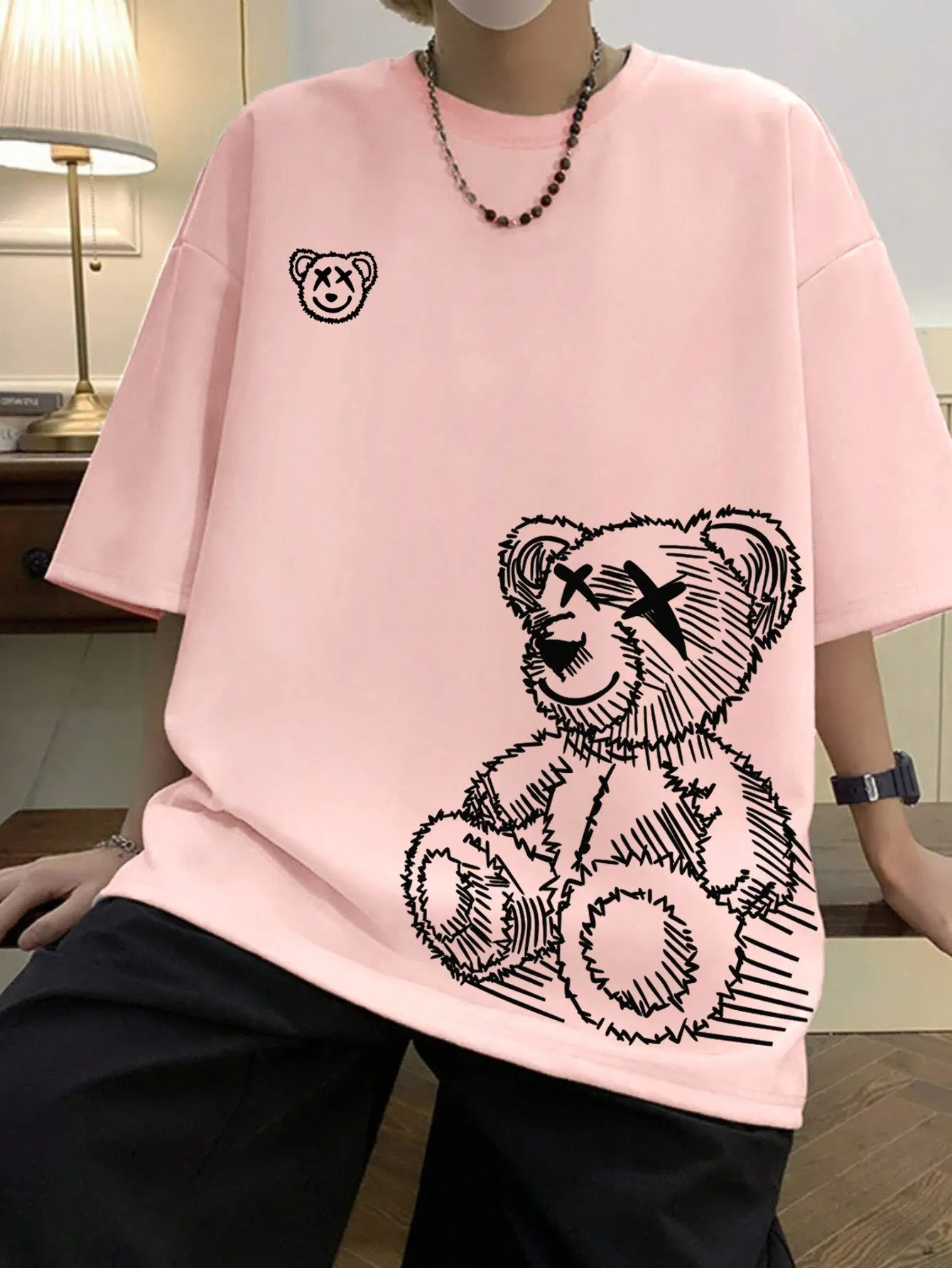 Manfinity Hypemode Men T-Shirts Baggy Crew Neck Drop Shoulder Short Sleeve Graphic Tee Bear Casual Summer Polyester