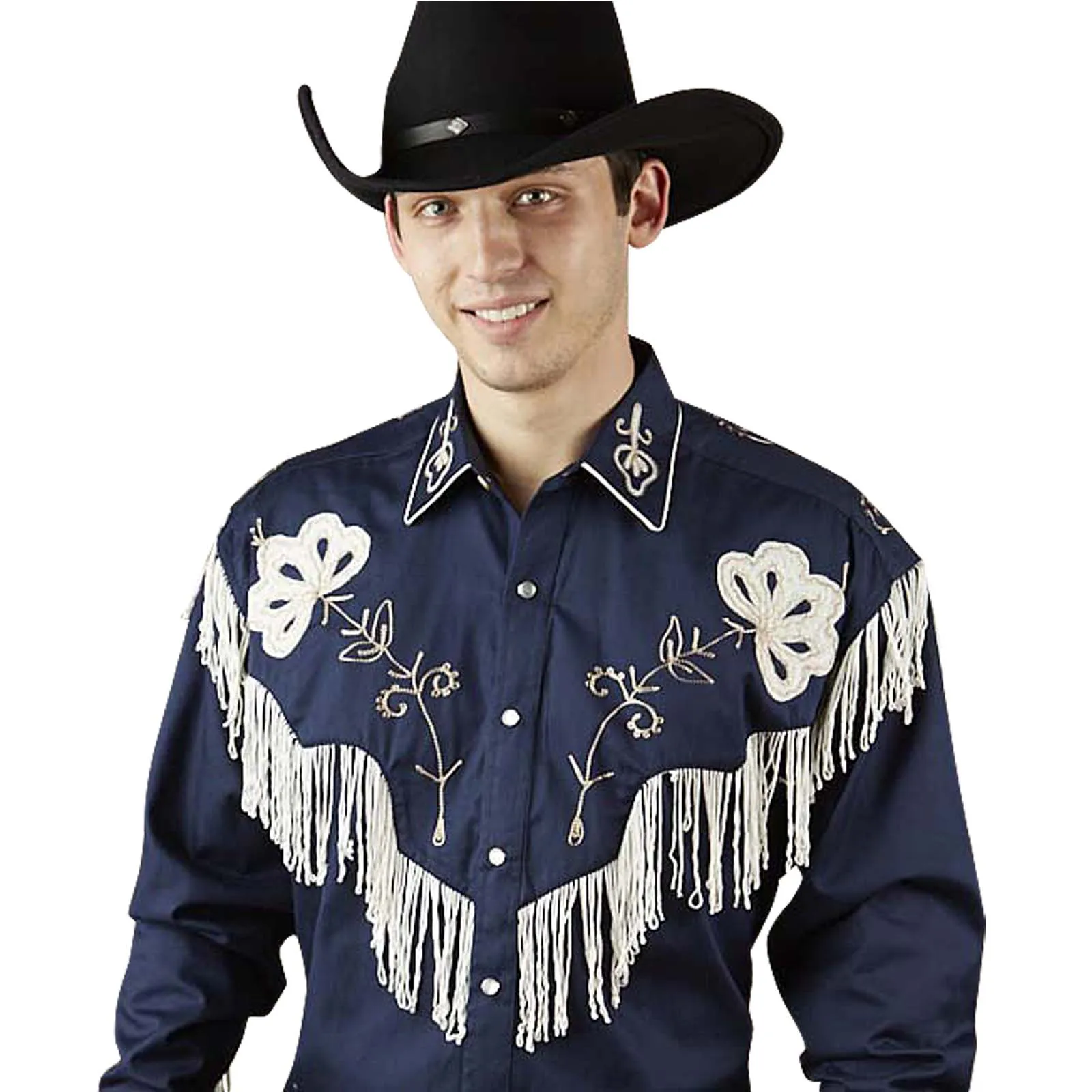 Men's Vintage Fringe Navy Embroidered Western Shirt