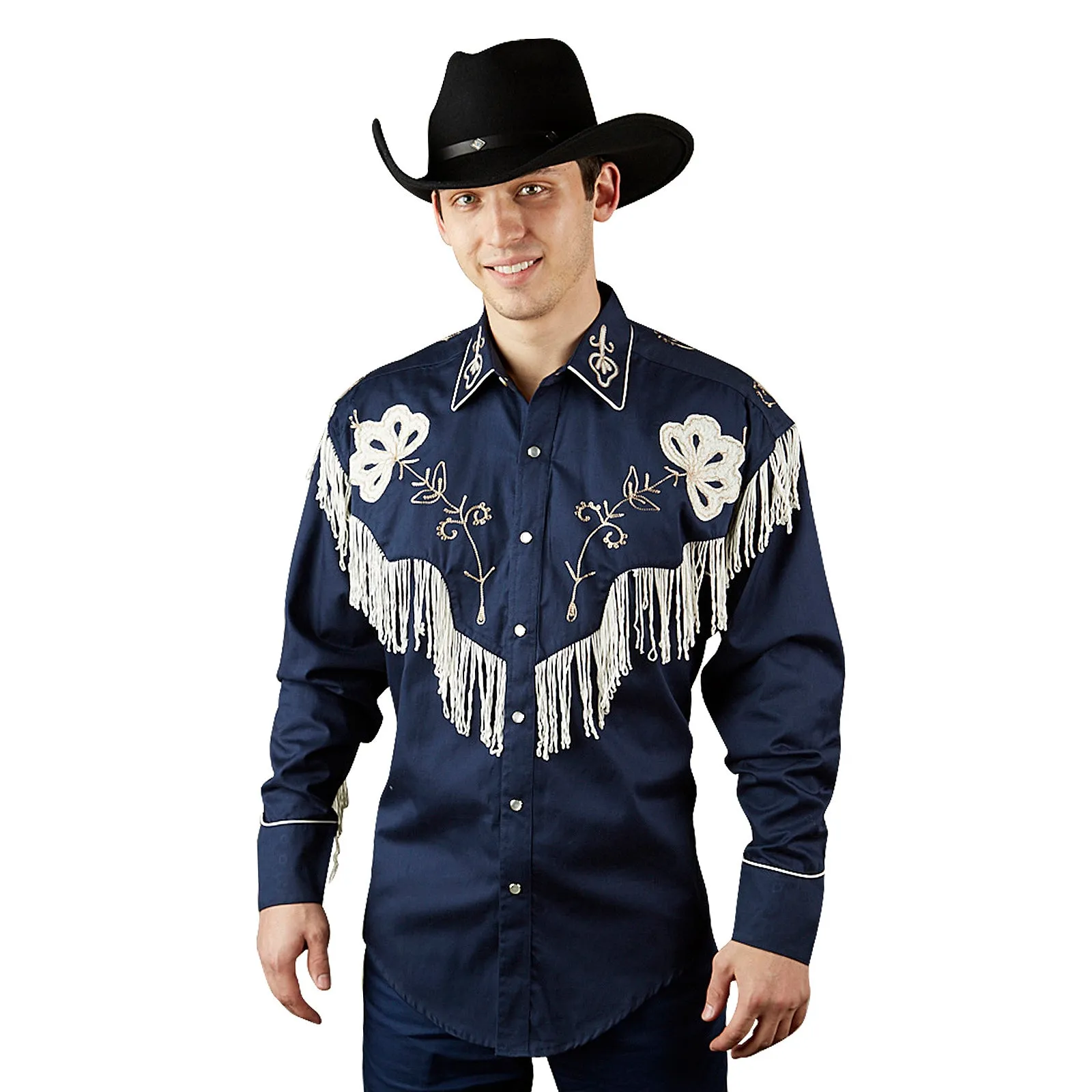 Men's Vintage Fringe Navy Embroidered Western Shirt