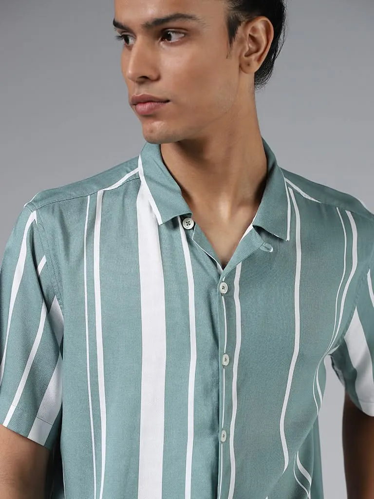 Nuon Aqua Green Striped Relaxed-Fit Shirt