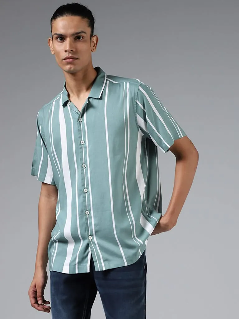 Nuon Aqua Green Striped Relaxed-Fit Shirt