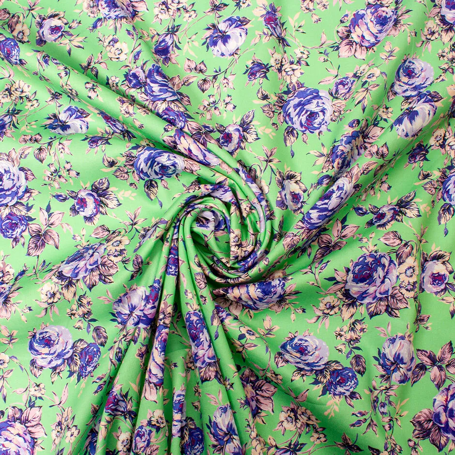 Pink & Lavender Floral Printed Green Cotton (A 2.50m Piece)