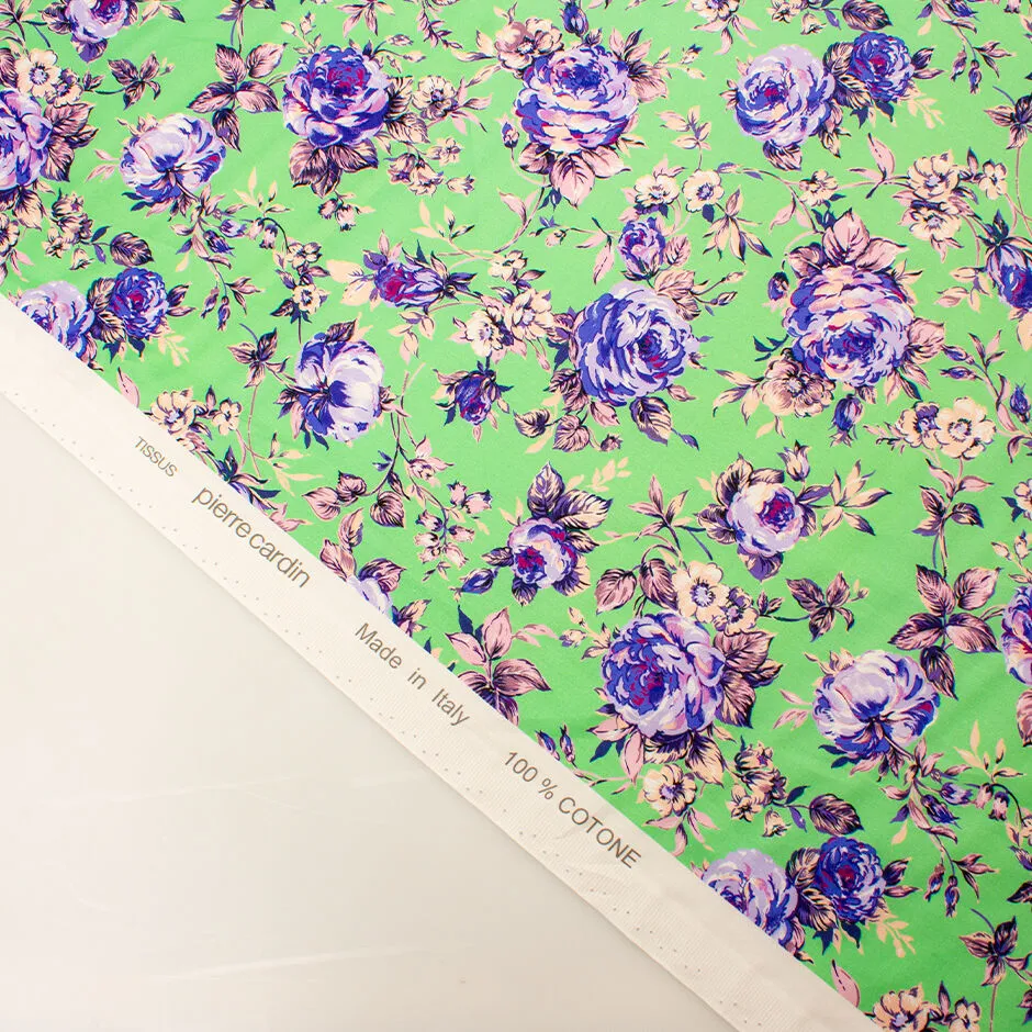 Pink & Lavender Floral Printed Green Cotton (A 2.50m Piece)