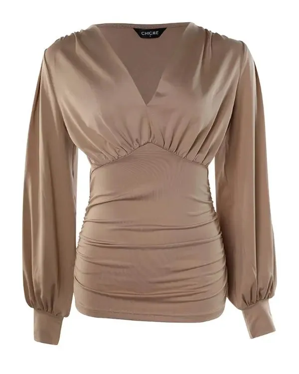 Plunge Lantern Sleeve Ruched Top