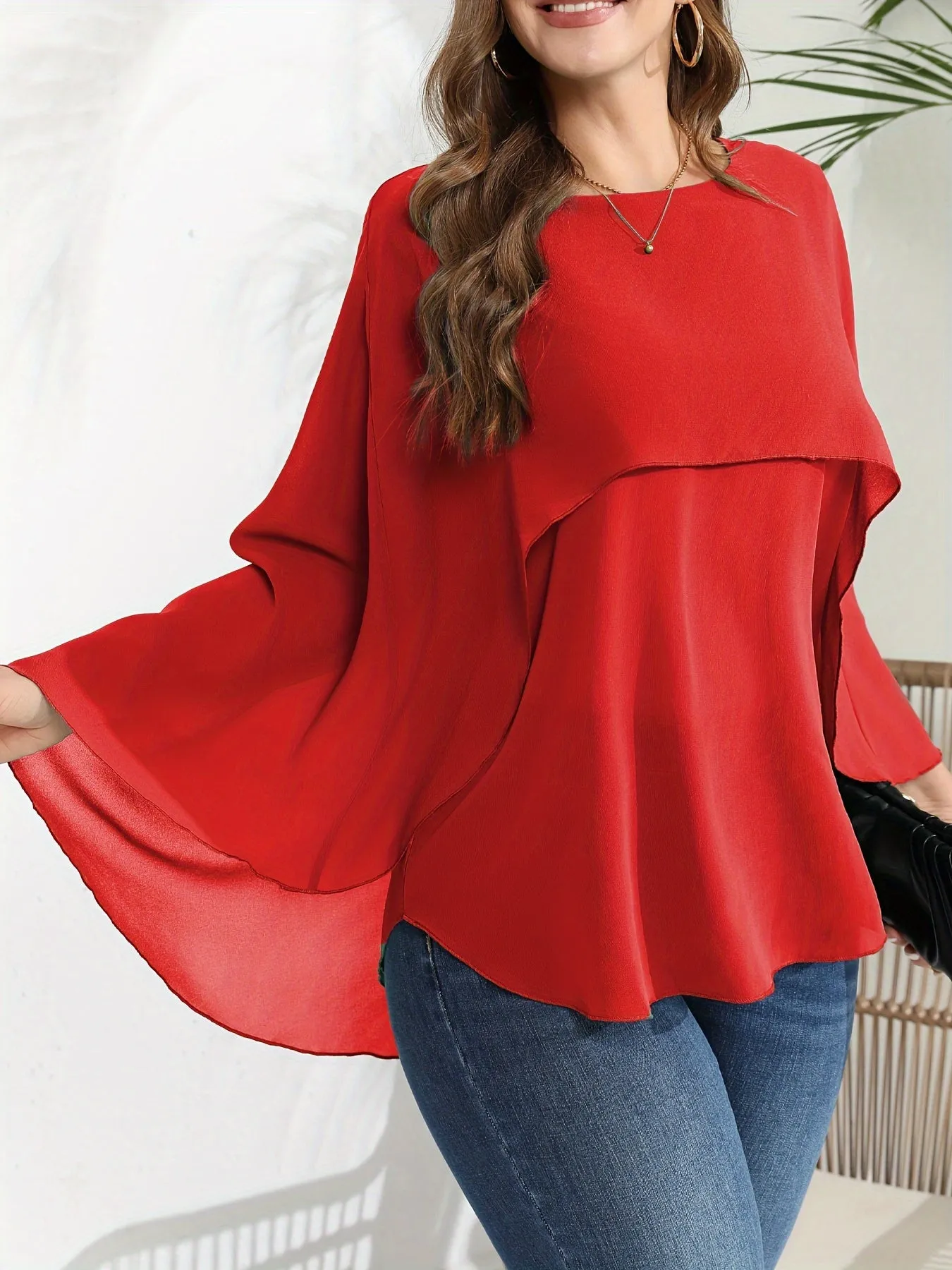 Plus Size Elegant Batwing Sleeve Crew Neck Shirt - Semi-Sheer, Solid Color, Non-Stretch Polyester Blouse for Spring, Summer, and Fall - Woven, No Printing, Shirting Style Top