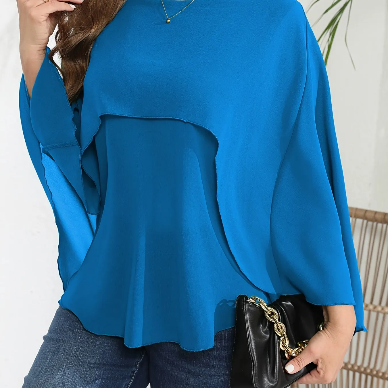 Plus Size Elegant Batwing Sleeve Crew Neck Shirt - Semi-Sheer, Solid Color, Non-Stretch Polyester Blouse for Spring, Summer, and Fall - Woven, No Printing, Shirting Style Top