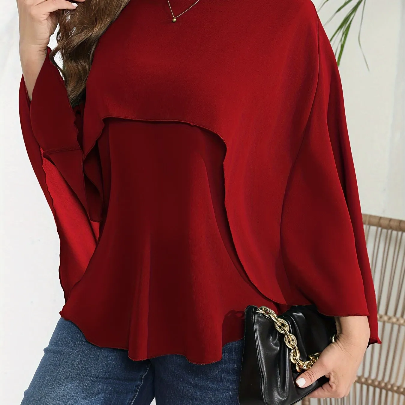 Plus Size Elegant Batwing Sleeve Crew Neck Shirt - Semi-Sheer, Solid Color, Non-Stretch Polyester Blouse for Spring, Summer, and Fall - Woven, No Printing, Shirting Style Top