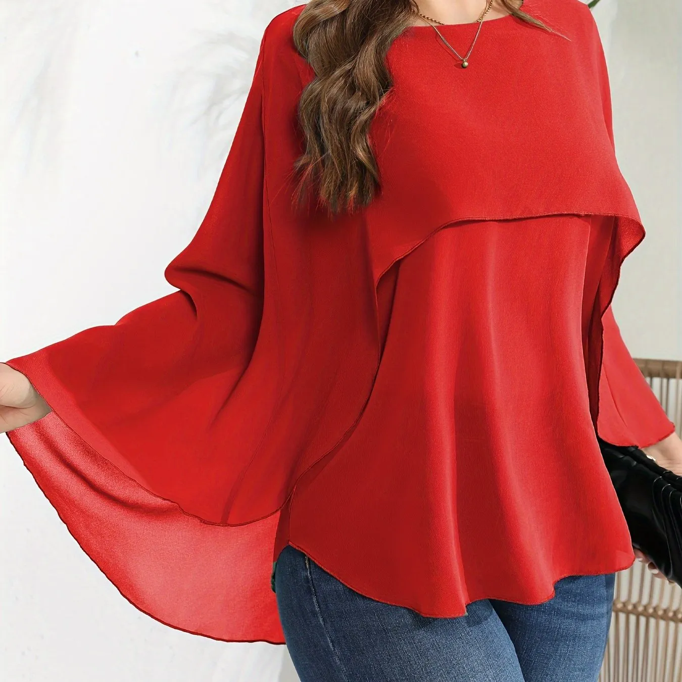 Plus Size Elegant Batwing Sleeve Crew Neck Shirt - Semi-Sheer, Solid Color, Non-Stretch Polyester Blouse for Spring, Summer, and Fall - Woven, No Printing, Shirting Style Top