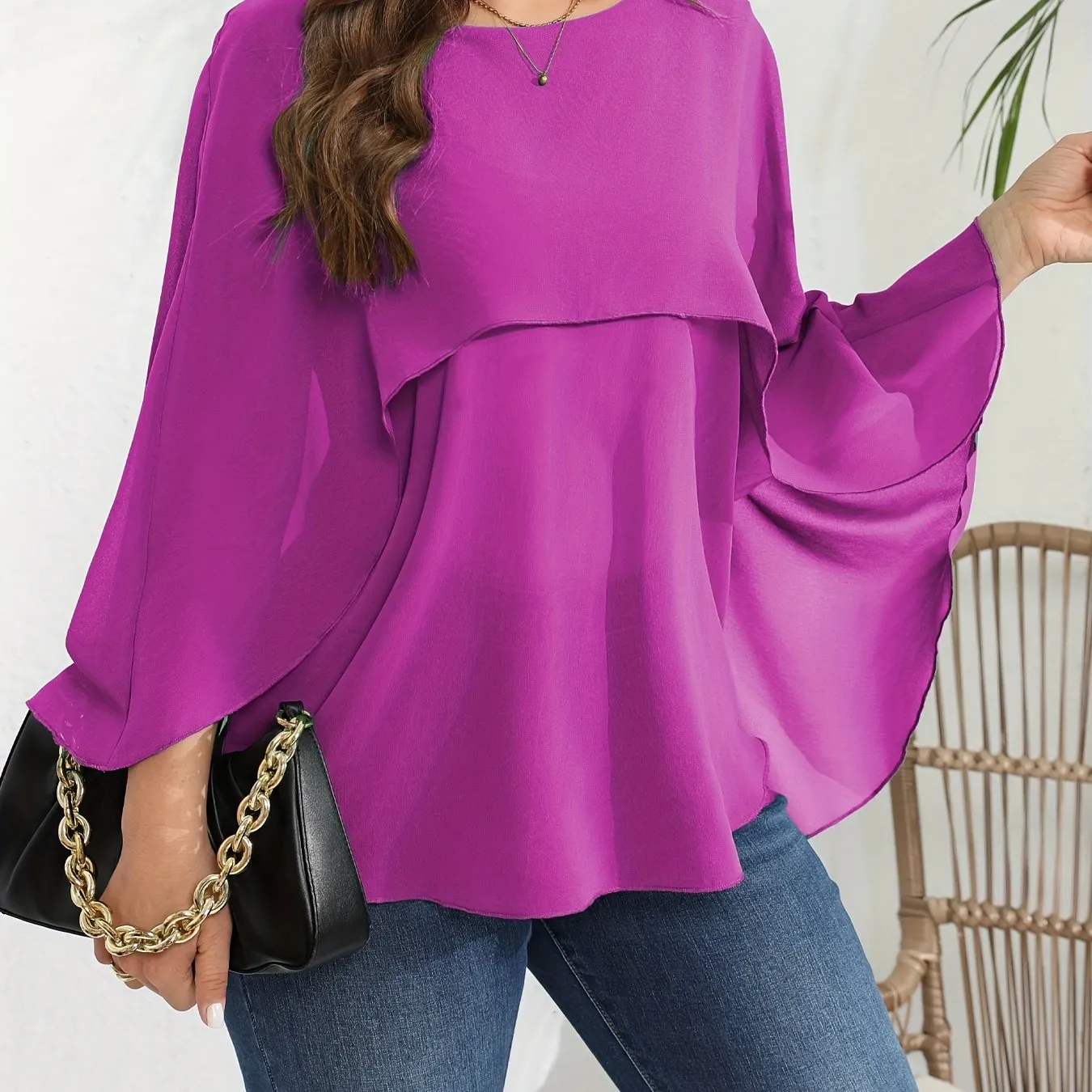 Plus Size Elegant Batwing Sleeve Crew Neck Shirt - Semi-Sheer, Solid Color, Non-Stretch Polyester Blouse for Spring, Summer, and Fall - Woven, No Printing, Shirting Style Top