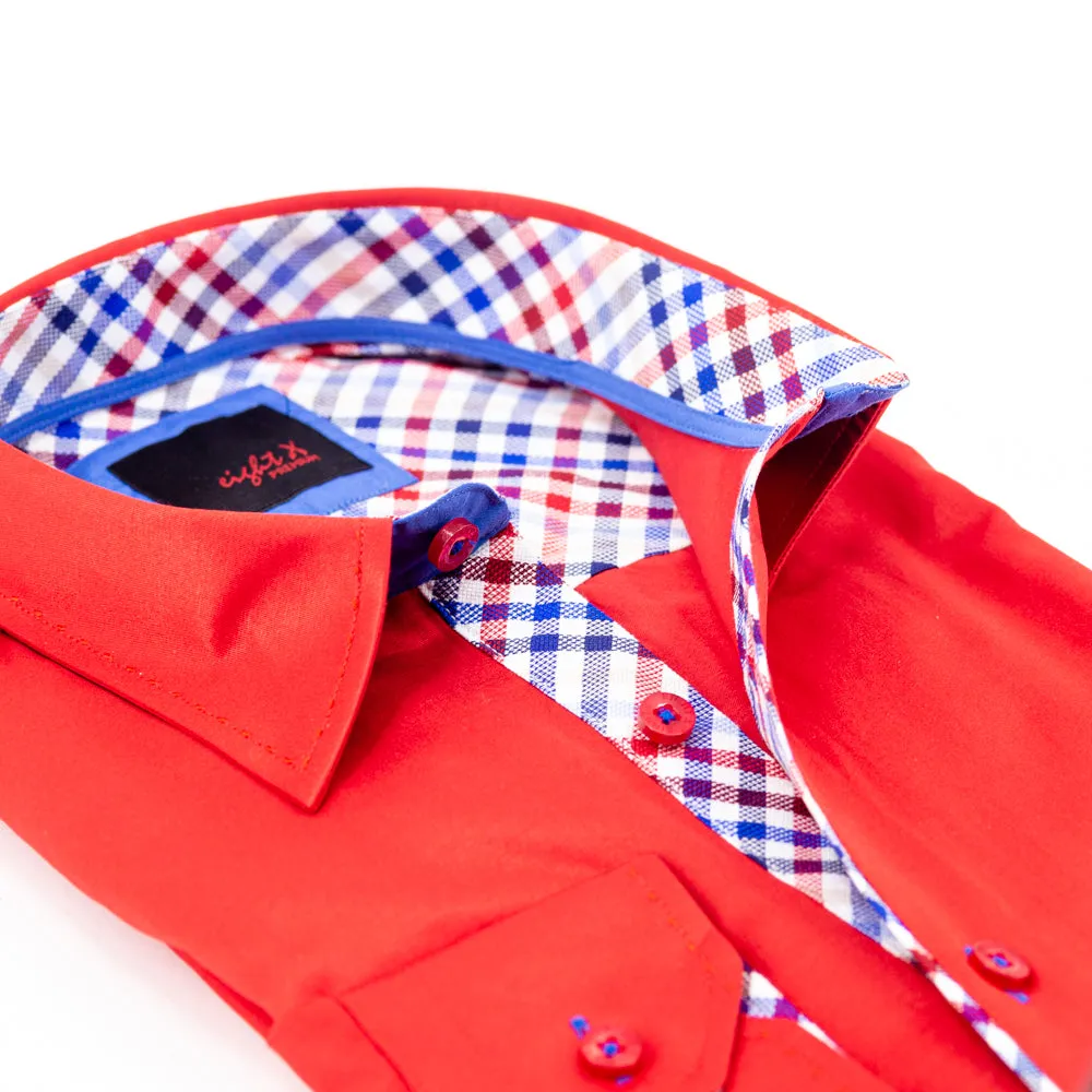 Red Button Down Shirt W/Plaid Trim