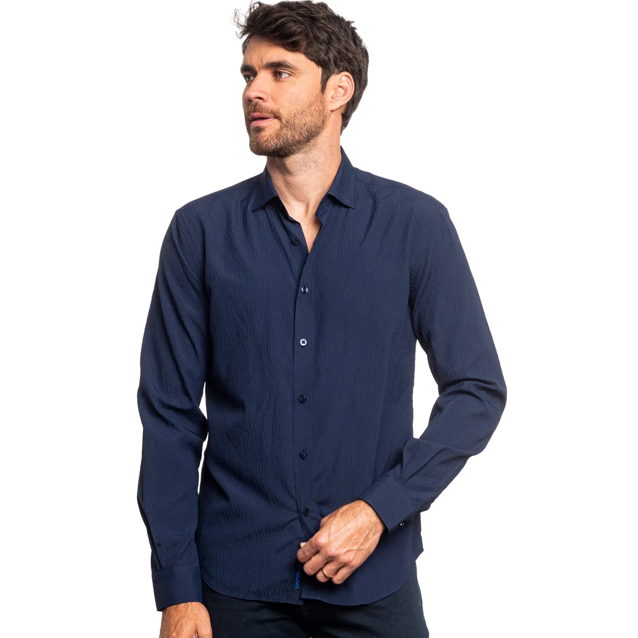 Seersucker Solid Button Down Shirt - Navy