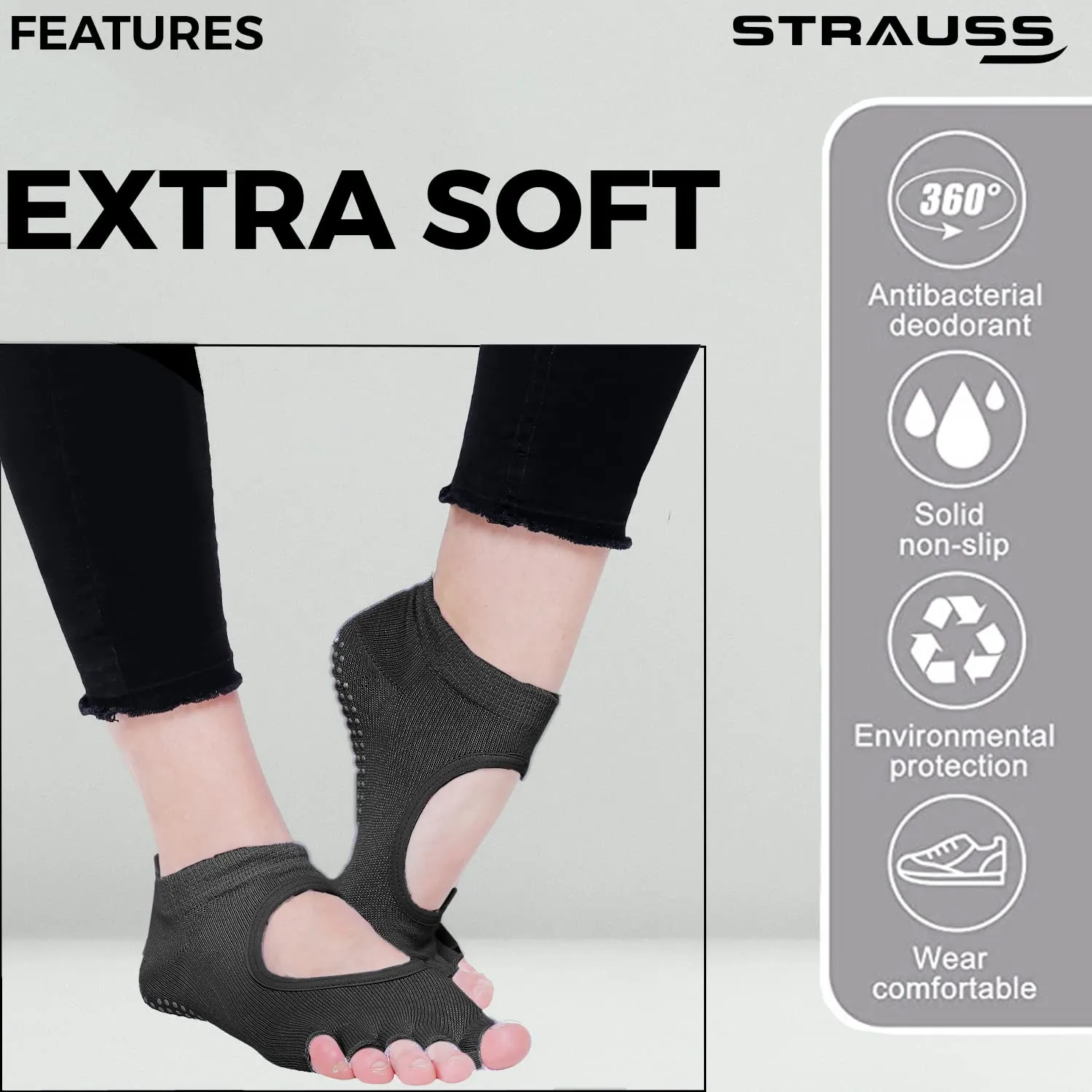 STRAUSS Women Yoga Socks | Anti Bacterial and Anti-Skid Yoga Socks | Suitable for Daily Use | Ideal for Pilates, Pure Barre, Ballet, Dance and Barefoot Workout,(Black)