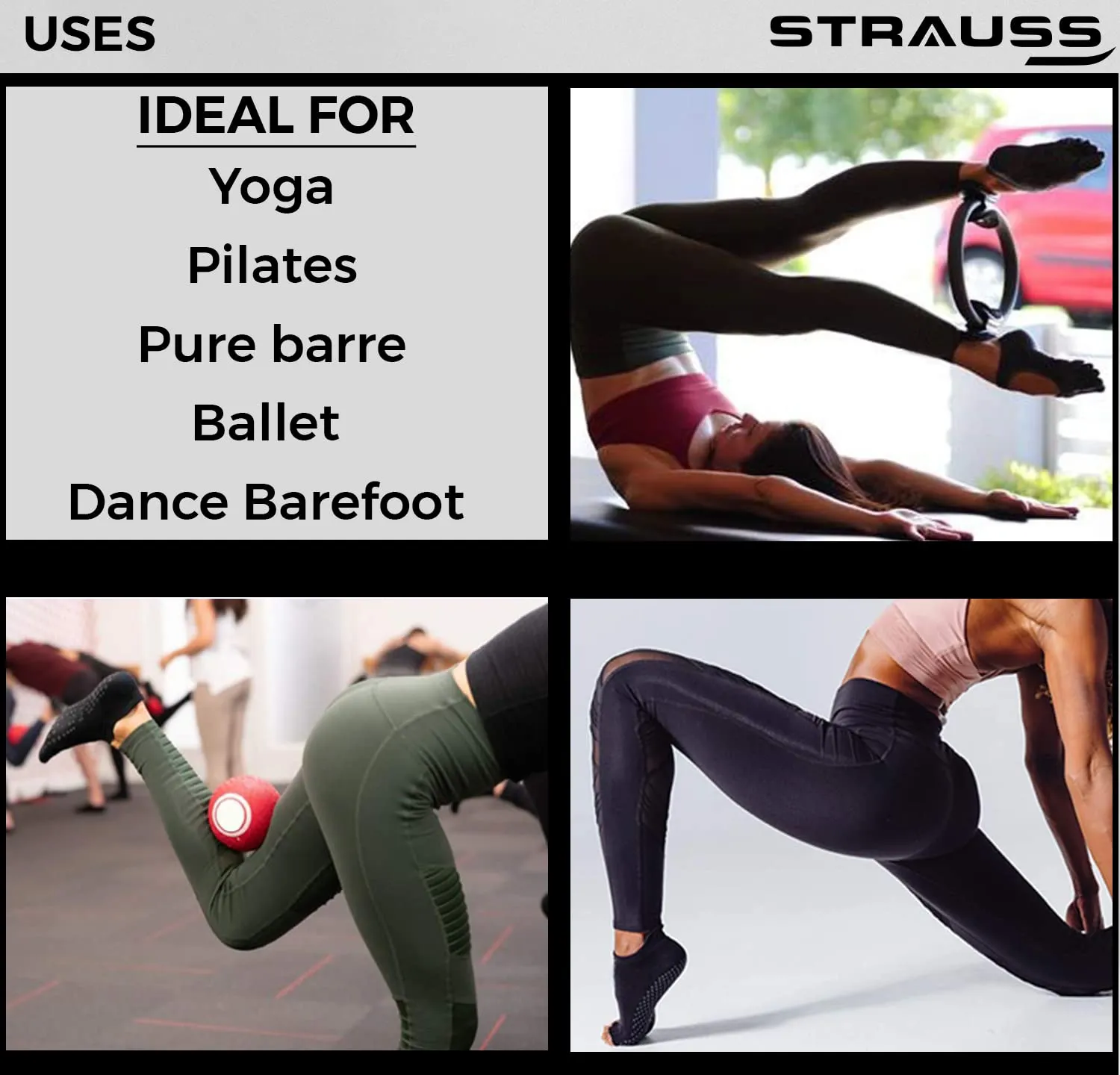 STRAUSS Women Yoga Socks | Anti Bacterial and Anti-Skid Yoga Socks | Suitable for Daily Use | Ideal for Pilates, Pure Barre, Ballet, Dance and Barefoot Workout,(Black)