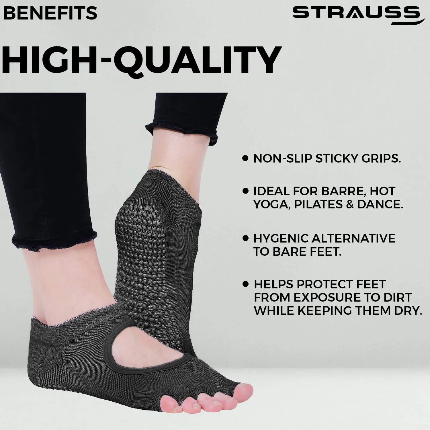 STRAUSS Women Yoga Socks | Anti Bacterial and Anti-Skid Yoga Socks | Suitable for Daily Use | Ideal for Pilates, Pure Barre, Ballet, Dance and Barefoot Workout,(Black)