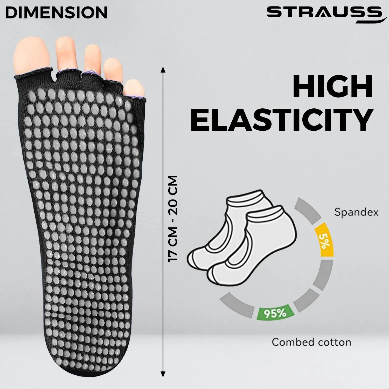 STRAUSS Women Yoga Socks | Anti Bacterial and Anti-Skid Yoga Socks | Suitable for Daily Use | Ideal for Pilates, Pure Barre, Ballet, Dance and Barefoot Workout,(Black)