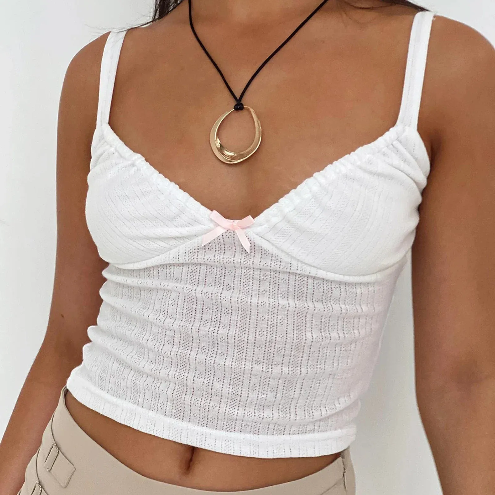 Summer V-Neck Crop Tops Bow Backless Spaghetti Strap Camisole Casual Tank Women Top