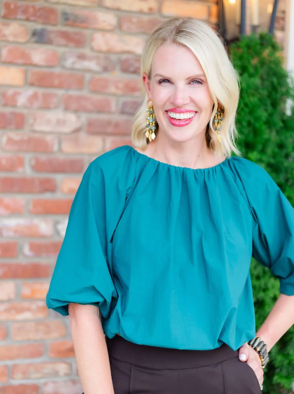 Teal Puff Sleeve Blouse