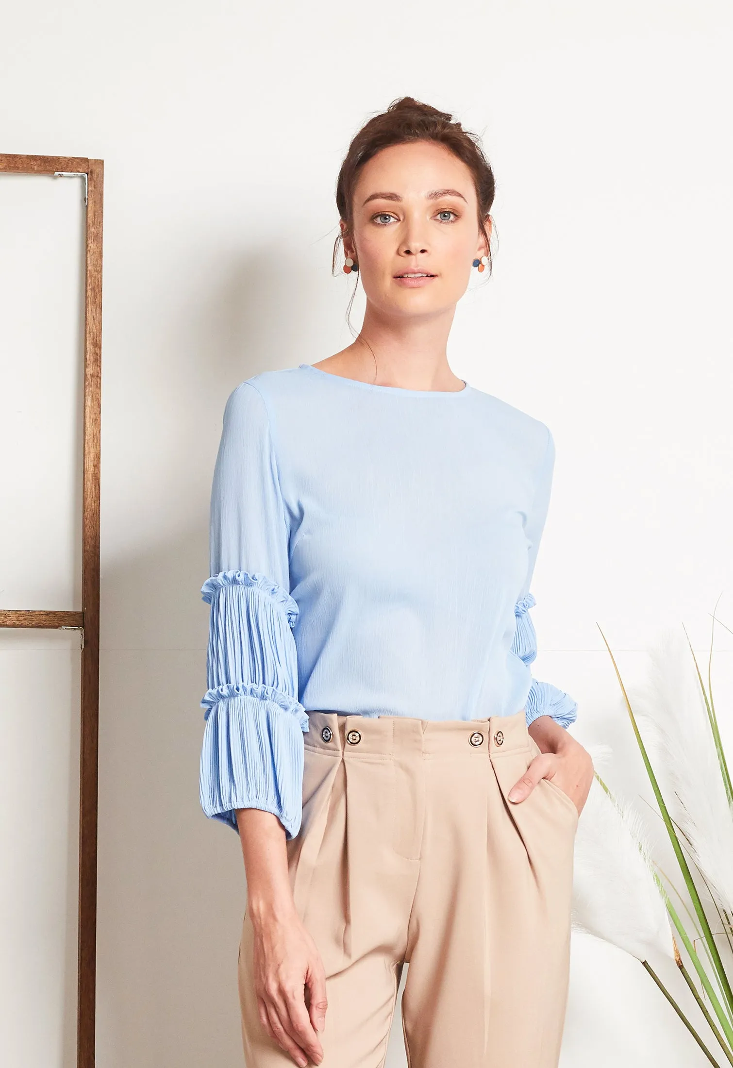 Trumpet Sleeve Pleated Blouse