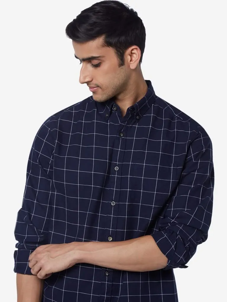 WES Casuals Navy Relaxed-Fit Checked Shirt